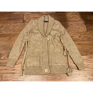 AK Anne Klein Small Beige Knit Cardigan Sweater Button Front Tie Belt Size Small